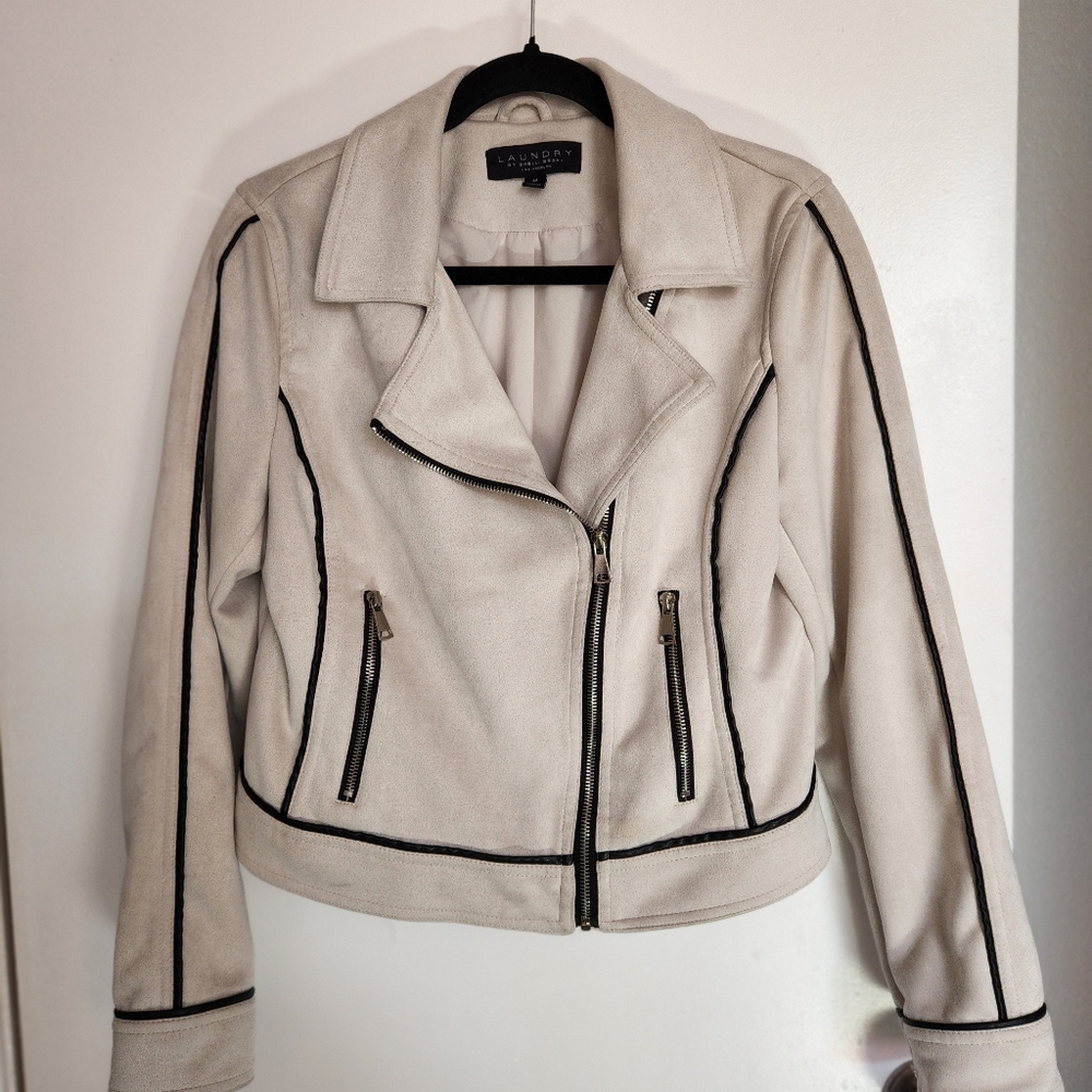 Asymmetrical Zipper Suede Jacket, Beige with black details